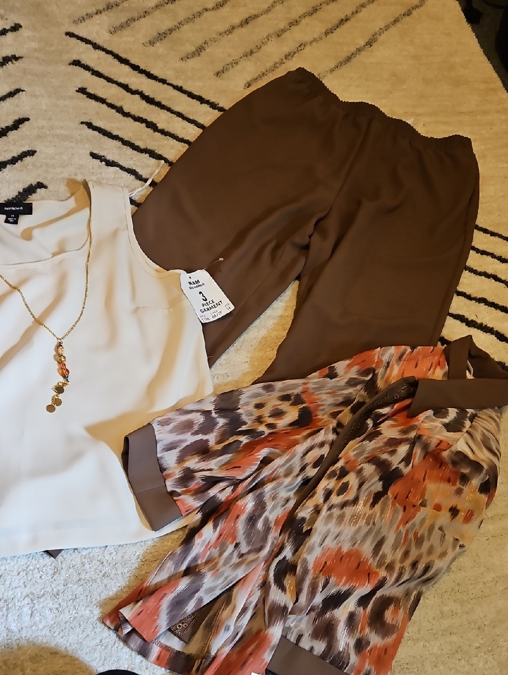 Brown Pull-On Wide Leg Pants 3 Piece Set for Women - Casual Comfort